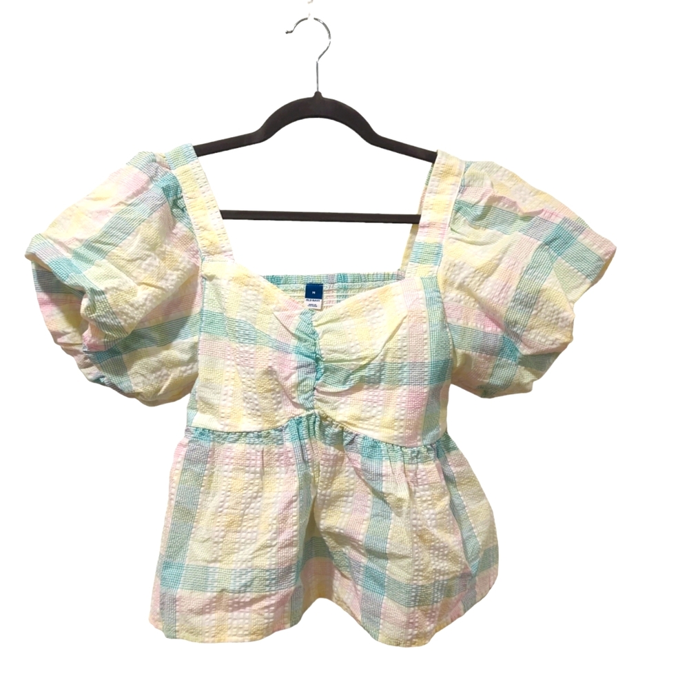 Old Navy Puff Sleeve Seersucker Babydoll Swing Blouse Pastel Plaid Size Medium
